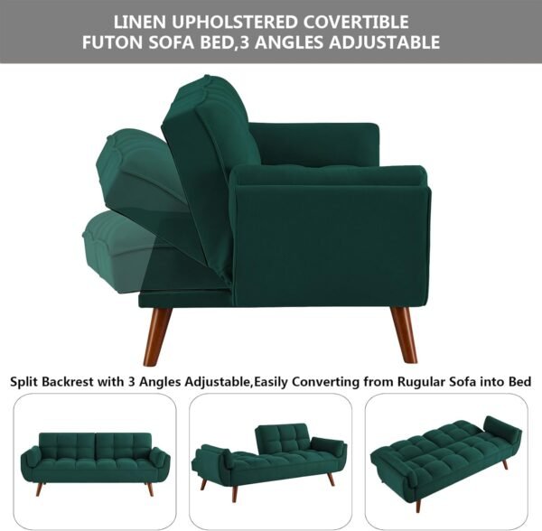 Setawix Linen Futon Sofa Couch,Convertible Sleeper Sofa Bed for Living Room Small Spaces,Tufted Futons with Split Back,Modern Guest Sofa Bed Twin Sleeper with Pillow Arms (Linen Green) - Image 3