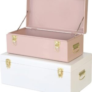 Vixdonos Metal Trunks College Dorm Steel Chests Decorative Storage Box Set of 2 Bedroom Organizer for Home Decor,23.7X14.2X9.5 Inches(Pink and White)