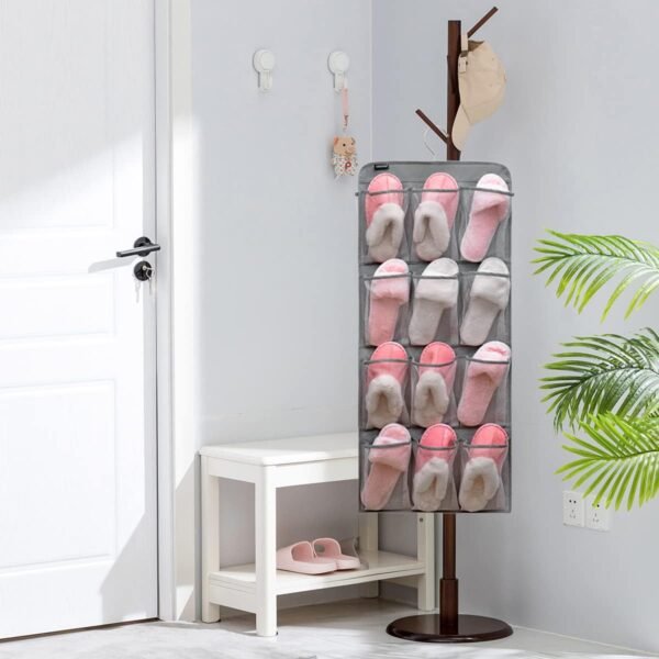 Dual Sided Hanging Shoe Organizer for Closet with Rotating Hanger Hanging Shoe Rack Holder with 24 Large Pockets (Grey-Mesh Pockets) - Image 6