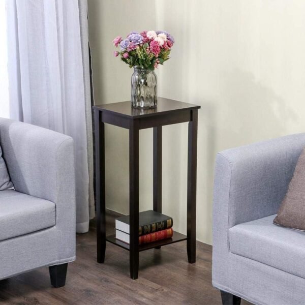 Topeakmart 2-Tier Tall End Table with Storage Shelf and Solid Wood Legs, Sofa Side Table Telephone Table for Living Room/Couch/Hallway/Small Spaces, D12xW15xH29 Inches, Dark Coffee - Image 5