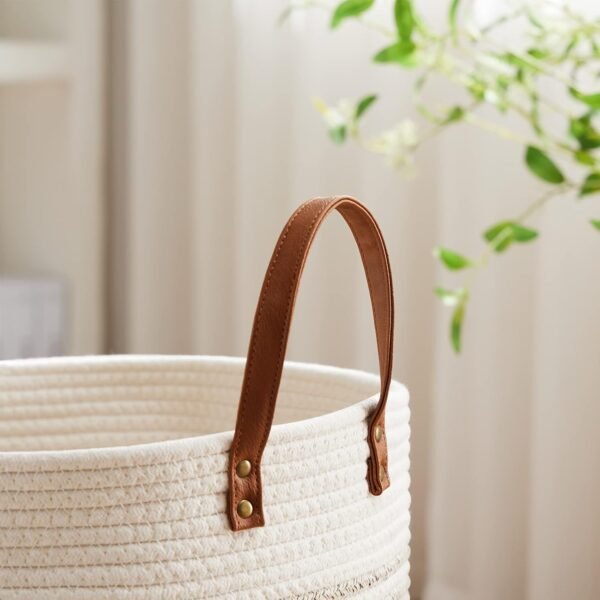 VIPOSCO Small Laundry Basket, Slim Baby Hamper with Leather Handle, Cute Woven Rope Storage Basket for Blanket, Kids Toy, Clothes In Living Room, Bathroom, Bedroom, Nursery Room - 30L Brown & White - Image 3