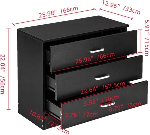 3 Drawer Nightstand, Black Night Stand for Bedroom, Modern 3 Drawer Dresser, Wood Bed Side Table/Night Stand with Drawers for Small Spaces, College Dorm, Kids' Room, Living Room 13" D X 26" W X 22" H - Image 3