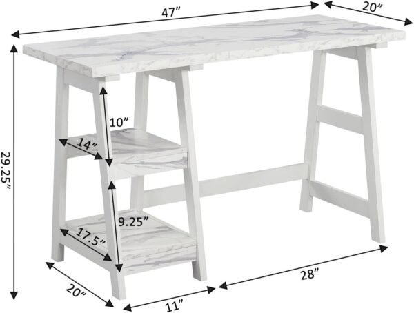 Convenience Concepts Designs2Go Trestle Desk 47" - Modern Desk or Vanity with Shelves, for Office, Dorm, Living Room, White Faux Marble/White - Image 3