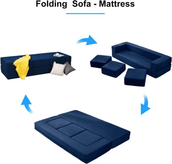 PUREMIND Velvet Folding Sofa Bed, Upholstered Floor Sofa Bed with 3 Ottomans, Fold Out Couch Bed with High-Density Foam, Convertible 2-in-1 Foldable Sleeper Sofa Bed for Guest Bedroom Living Room - Image 3