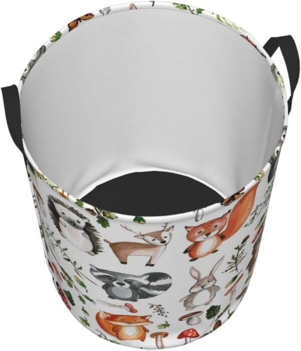 Cute Woodland Animals Laundry Hamper with Durable Handle Waterproof Collapsible Laundry Basket Circular Dirty Clothes Storage Basket for Bedroom Bathroom and Nursery - Image 3