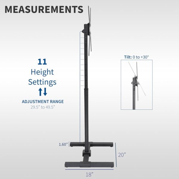 VIVO Height Adjustable TV Floor Stand for 13 to 65 inch Screens up to 44 lbs, LCD LED OLED 4K Smart Flat and Curved Monitor Panels, 50 inch Tall, Max VESA 400x400, Black, STAND-TV08 - Image 4