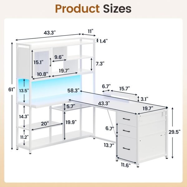 SEDETA L Shaped Computer Desk, 58'' Office Desk with 3 Drawers and Bookshelf, L Shaped Corner Desk with Storage Shelves and LED Light for Home Office, Gaming Desk, L Desk, White - Image 6