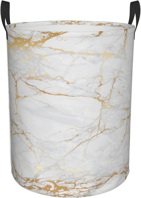 White Marble Round Laundry Hamper Marbling Texture Storage Basket Waterproof Coating Organizer Bin For Nursery Clothes Toys, 38L