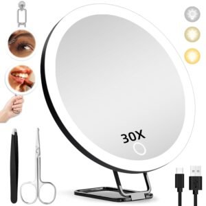 30X Magnifying Mirror with Light, Large 6” Magnifying Makeup Mirror with Light 30x, Travel Mirror with 30X High Magnification Compact 30x Magnified Mirror with Light, 3 Suction Cup & Adjustable Stand