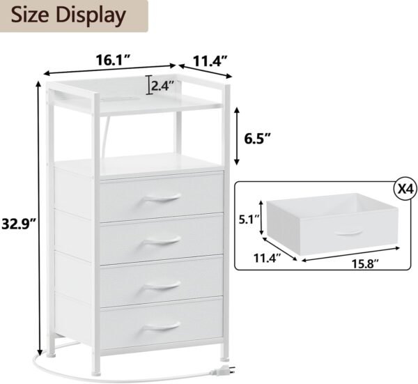 Furnulem White Nightstand with Charging Station, Night Stand Side Table with Led Light, Tall Dresser for Bedroom with 4 Fabric Storage Drawers, Metal Frame, Wood Shelf(White) - Image 3