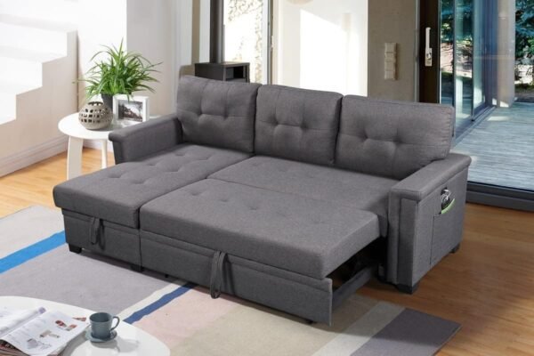 Lilola Home Ashlyn Dark Gray Reversible Sleeper Sectional Sofa with Storage Chaise, USB Charging Ports and Pocket - Image 4