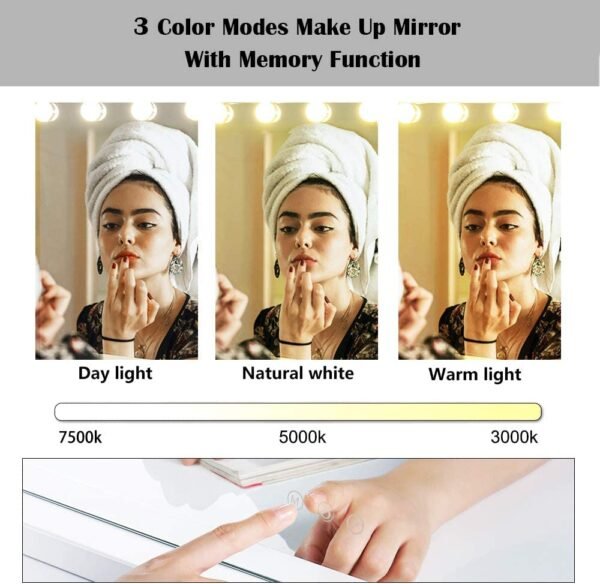 22.8"x 18.1" Vanity Mirror Makeup Mirror with Lights,10X Large Hollywood Lighted Vanity Mirror with 15 Dimmable LED Bulbs,3 Color Modes,Touch Control for Bedroom,Tabletop or Wall-Mounted - Image 2