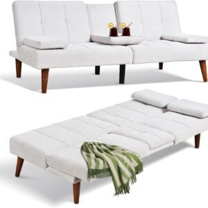 COLAMY Futon Sofa Bed-Fabric Small Futon Couch, Futon Lounge Sofa, Futon Convertible with 2 Cup Holders, Removable Soft Armrest, Adjustable Backrest for Dorm/Bedroom/College Beige