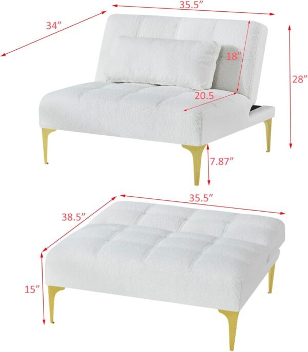 Convertible Sofa Bed Couch, Futon Sleeper Sofa with Gold Metal Legs, Teddy Fabric Loveseat with Adjustable Back for Living Room, Bedroom, Small Space - Image 2