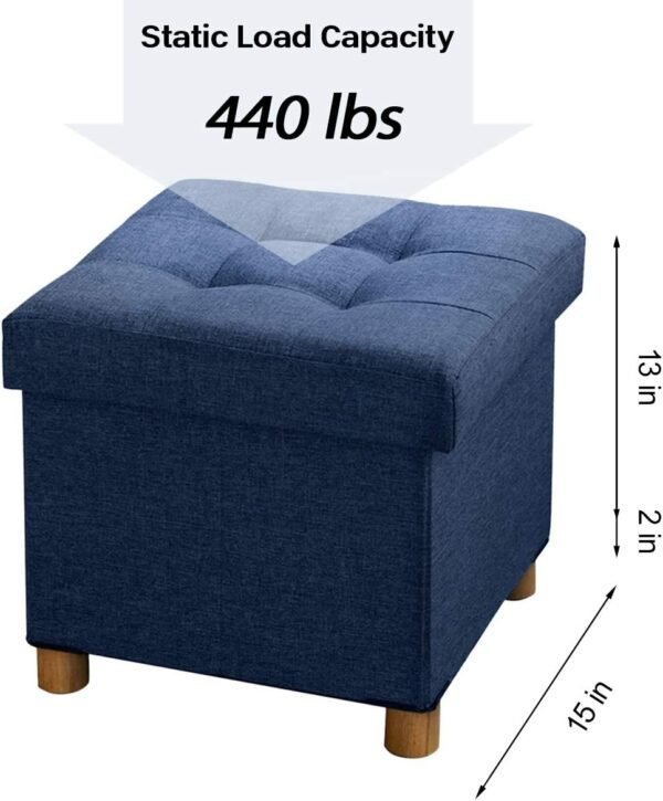 BRIAN & DANY Foldable Storage Ottoman Footrest and Seat Cube with Wooden Feet and Lid, Blue 15” x15” x14.7” - Image 3