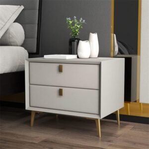 Side Table, Nordic End Table with 2 Drawers Modern Leather Nightstand Mid Century Bed Side Table Wood Accent Table for Bedroom Living Room Cabinet Storage, Khaki 18″ L x 16″ W x 18.5″ H