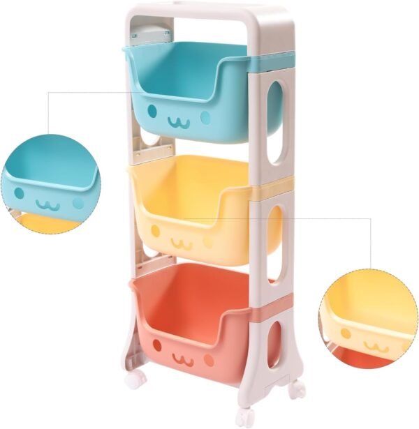 Storage Bins with Fixed Wheels, Three-Layer Toy Storage Cubes Box, Toy Organizer with 3 Toy Stacking Bins, Toy Box Container as Birthday Gift with U-Shaped Opening, Capacity22.04lbs - Image 5