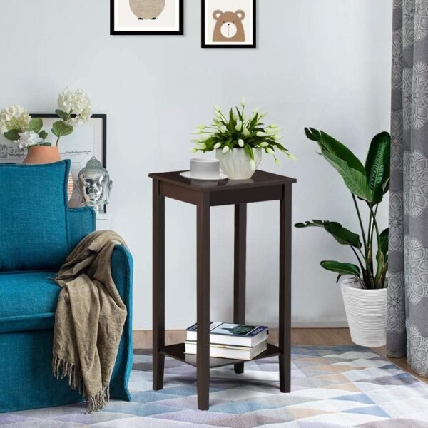 Topeakmart 2-Tier Tall End Table with Storage Shelf and Solid Wood Legs, Sofa Side Table Telephone Table for Living Room/Couch/Hallway/Small Spaces, D12xW15xH29 Inches, Dark Coffee - Image 2
