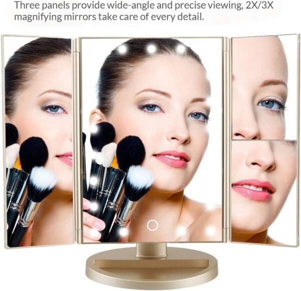 3 Folds Lighted Vanity Makeup Mirror,1X/2X/3X Magnification, 21 LED Light Bright Table Mirror with Touch Screen,180 Adjustable Rotation,Portable Travel Cosmetic Mirror - Image 2