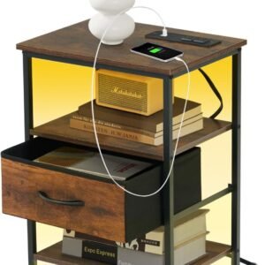 FurnitureR Nightstand Bed Side Table, Night Stand with LED Lights and Charging Station, End Table with Drawer and Open Storage Shelf for Living Room, Bedroom, Set of 1, Rustic Brown
