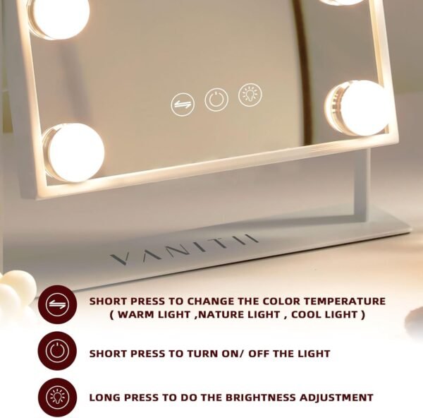 VANITII Vanity Mirror with Lights Hollywood Lighted Makeup Mirror with 9 Dimmable Bulbs Smart Touch Control 3 Colors Light for Bedroom, Detachable 10X Magnification, 360°Rotation - Image 4