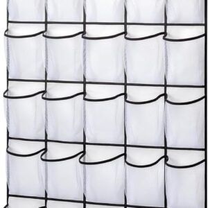 35 Pockets Over the Door Shoe Organizer, Hanging Shoe Organizer for Door with 35 Mesh Pockets Large Capacity Shoe Hanging Storage Bag with 4 Metal Hooks (White-1Pack)