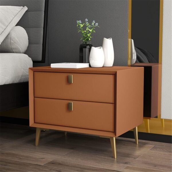 Side Table, Nordic End Table with 2 Drawers Modern Leather Nightstand Mid Century Bed Side Table Wood Accent Table for Bedroom Living Room Cabinet Storage, Khaki 18" L x 16" W x 18.5" H - Image 4
