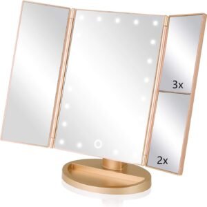 3 Folds Lighted Vanity Makeup Mirror,1X/2X/3X Magnification, 21 LED Light Bright Table Mirror with Touch Screen,180 Adjustable Rotation,Portable Travel Cosmetic Mirror