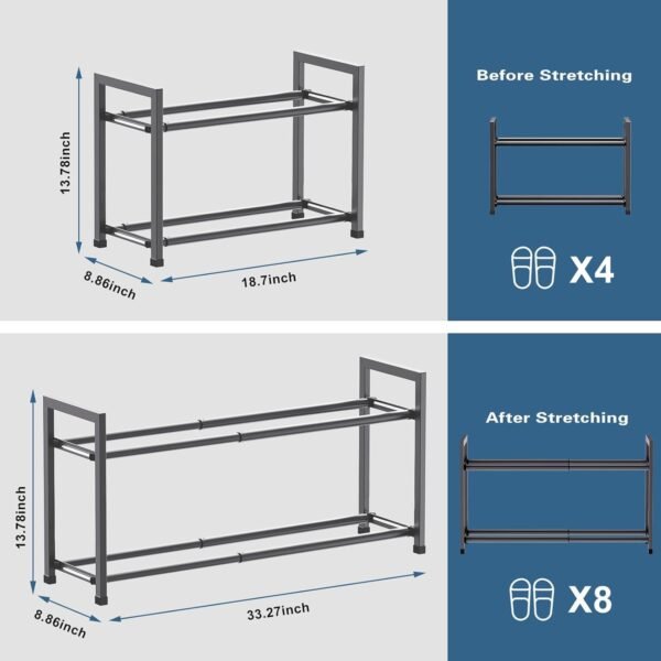 2-Tier Expandable Shoe Rack for Closet, 18“-33” Adjustable Shoe Rack for Small Space, Small Shoe Organizer for Front Door, Sturdy Metal, Gray - Image 2