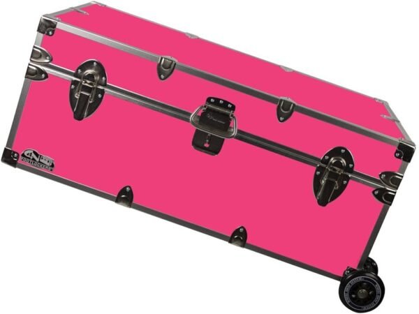 C&N Footlockers - Full-Size Happy Camper Trunk w/Wheels - #1 Summer Camp Trunk - Made in the USA - Steel Footlocker with Lid Stay - 32 x 18 x 13.5 Inches (Hot Pink)