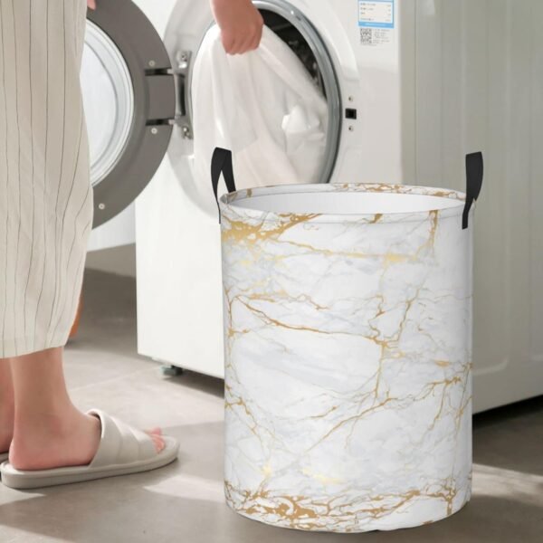 White Marble Round Laundry Hamper Marbling Texture Storage Basket Waterproof Coating Organizer Bin For Nursery Clothes Toys, 38L - Image 7