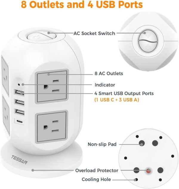 Tower Surge Protector Power Strip 10 ft, TESSAN Long Flat Extension Cord with Multiple Outlets, 8 AC Outlets with 4 USB Ports (1 USB C), Charging Station with Surge Protection, for Home Office Dorm - Image 5