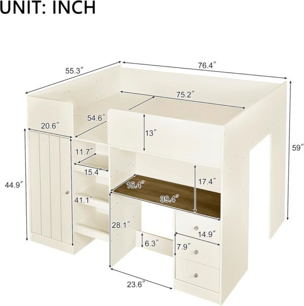 Full Size Loft Bed with Wardrobes and Desk,Wooden Frame with Storage Stairs and Cabinet Built-in 3 Drawers for Kids Adults Girls,Beige - Image 2