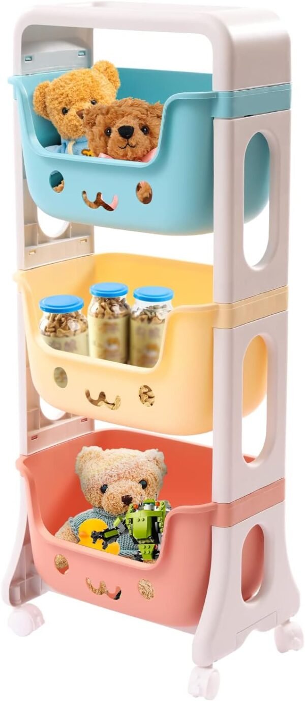 Storage Bins with Fixed Wheels, Three-Layer Toy Storage Cubes Box, Toy Organizer with 3 Toy Stacking Bins, Toy Box Container as Birthday Gift with U-Shaped Opening, Capacity22.04lbs - Image 8