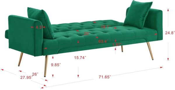 Velvet Sofa Bed Futon w/2 Pillows, Modern Convertible Sleeper Couch, Folding Upholstered Recliner Loveseat, 3-Angle Adjustable, 2-in 1Memory Foam Living Seat for Office Studio (Green) - Image 2