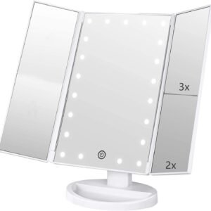 3 Folds Lighted Vanity Makeup Mirror,1X/2X/3X Magnification, 21 LED Light Bright Table Mirror with Touch Screen,180 Adjustable Rotation,Portable Travel Cosmetic Mirror