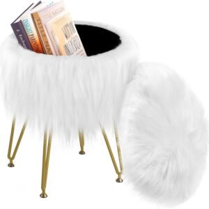 Vanity Stool Chair with Storage, Faux Fur Makeup Room Seat Stool, Soft Padded Seat, Round Footrest Footstools with 4 Metal Legs & Adjustable Footings, Vanity, Bathroom, Bedroom Chairs White
