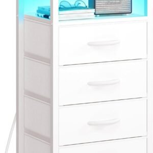 Yoobure Night Stand – LED White Nightstand with Charging Station, Bedside Table with 4 Storage Drawers and Storage Shelf, End Table with USB Ports and Outlets, Fabric Dresser for Bedroom