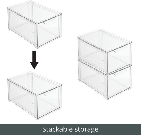 mDesign Plastic Closet Organizer Bin w/Pull Out Drawer - Stackable Storage for Closet - Organization for Shoes, Clothes, Bags, Totes, Small Linens, and More - Lumiere Collection - 4 Pack - Clear - Image 6