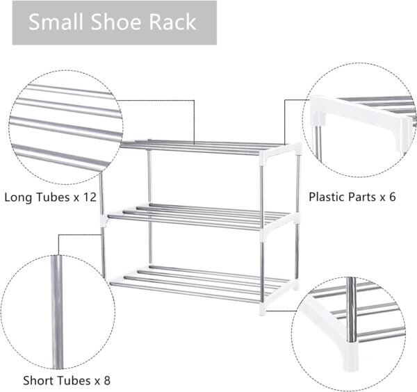 Small Shoe Rack, Narrow Stackable Shoe Shelf Organizer for Entryway, Doorway and Bedroom Closet (3-Tier, White) - Image 5