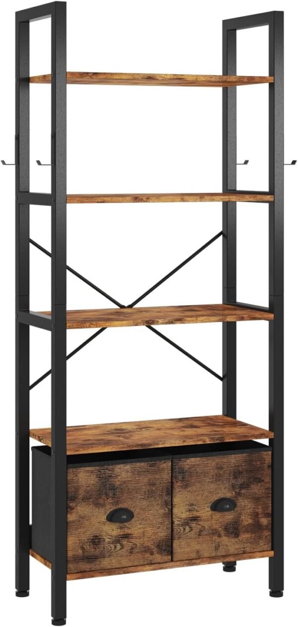 oneinmil 5-Tier Bookshelf with 2 Storage Drawers, Industrial Display Standing Shelf, Rustic Wood Storage Shelf with Metal Frame, Open Bookcases for Living Room, Bedroom, Home Office (Brown) - Image 8
