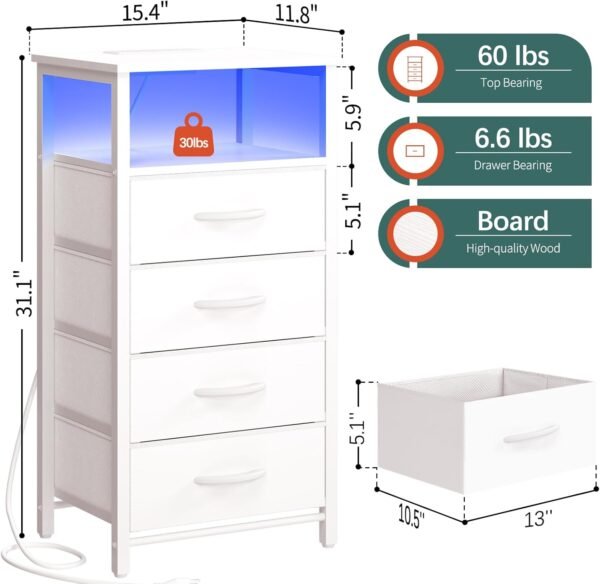 Yoobure Night Stand - LED White Nightstand with Charging Station, Bedside Table with 4 Storage Drawers and Storage Shelf, End Table with USB Ports and Outlets, Fabric Dresser for Bedroom - Image 3