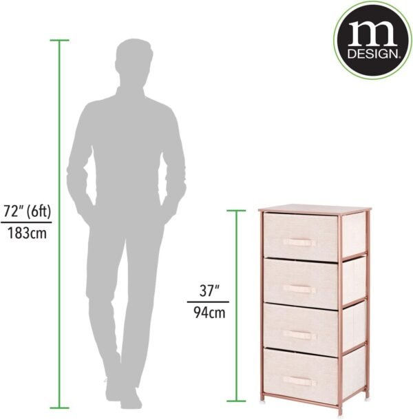 mDesign Tall Dresser Storage Tower Stand with 4 Removable Fabric Drawers - Steel Frame, Wood Top Organizer for Bedroom, Entryway, Closet - Lido Collection - Light Pink/Rose Gold - Image 3