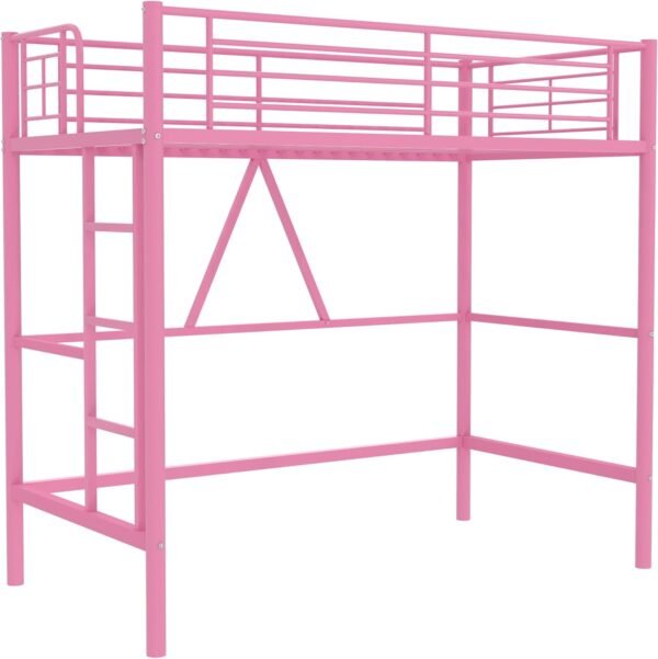 VECELO Metal Loft Bed Twin Size, Heavy Duty Bedframe with Removable Ladder and Safety Guardrail, Space-Saving, Noise Free, No Box Spring Needed, Pink - Image 7