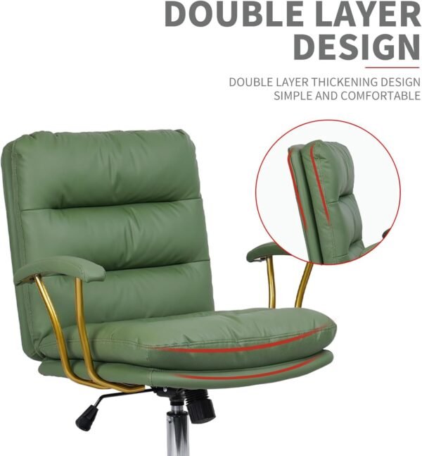 Home Office Chair, Mid-Back PU Leather Ergonomic Task Desk Chair with Wheels and Gold Arms Comfortable Swivel Computer Chairs with Gold Foot for Dresser Bedroom Study Meeting (Green) - Image 4
