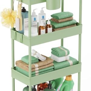 LEHOM Slim Rolling Storage Cart – 4 Tiers Bathroom Organizer Utility Cart Slide Out Storage Shelves Mobile Shelving Unit for Kitchen, Bedroom, Office, Laundry Room, Small Narrow Spaces, Green