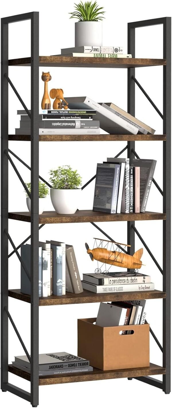 YITAHOME 5 Tiers Bookshelf, Artsy Modern Bookcase, Book Rack, Storage Rack Shelves Books Holder Organizer for Books/Movies in Living Room/Home/Office - Rustic Brown (FTOFBC-0016) - Image 8