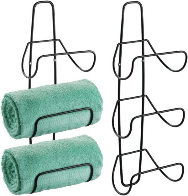 mDesign Metal Wall Mount 3 Level Bathroom Towel Rack Holder & Organizer - for Storage of Washcloths, Hand Towels - Use in Guest, Master, Kid's Bathrooms - 2 Pack - Black
