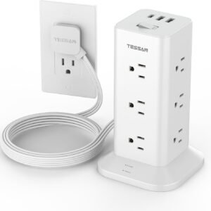 Power Strip Tower with Surge Protection, TESSAN Flat Plug Extension Cord 6 Feet with 12 Multiple Outlets 3 USB Ports (1 USB C), Surge Protector Tower for Home, Office Supplies, Dorm Room Essentials