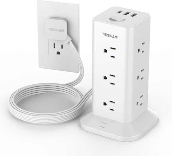 Power Strip Tower with Surge Protection, TESSAN Flat Plug Extension Cord 6 Feet with 12 Multiple Outlets 3 USB Ports (1 USB C), Surge Protector Tower for Home, Office Supplies, Dorm Room Essentials